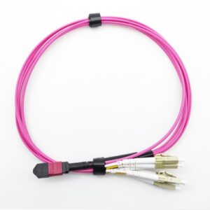 8 Fiber MPO MTP To LC Breakout Cable OM4 2 Meter 3.0mm, Rose Red Cable Color, 50/125um, Gray Housing