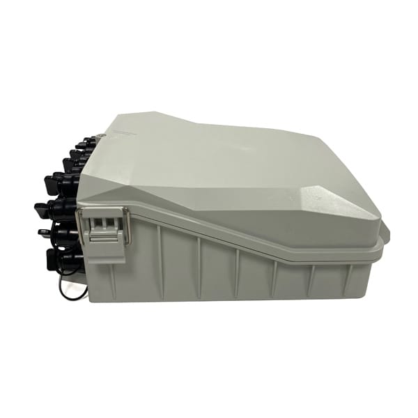white plastic fiber splitter box, 16 waterproof plugs with sc adapters, 1x16 splitter module, 24 cores, outdoor pole mount