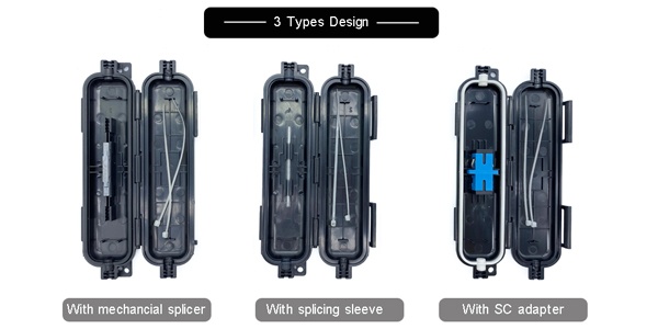 ftth connection box for drop cable protection, custom sc adapter, mechanical splicer or fiber sleeve, waterproof with rubber, 1in 2out