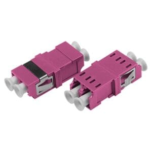 optic adapter lc lc om4 rose red, duplex sc footprint, welding body without flange, white dust caps, symmetrical with window