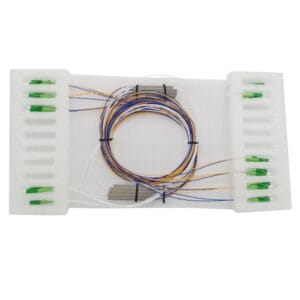 mini plc splitter module,stainless steel tube 1x2 with lc/apc connectors green 1meter 900um white in, colored output