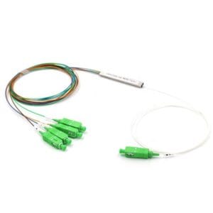1x4 optical splitter sc apc connectors, input pigtail white, output colored pigtails blue orange green brown loose tube, 900um, g657a1 fiber