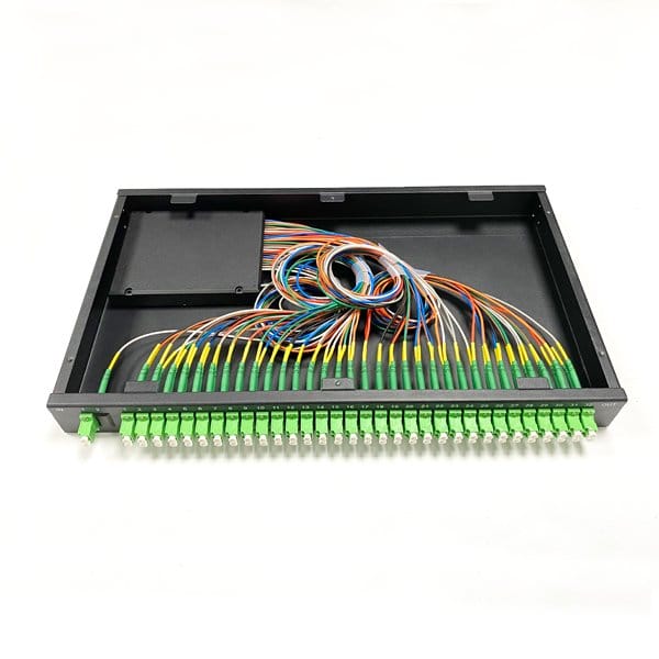 1 64 splitter modules in 1u fiber optic patch panel,32 lc duplex adapters for outputs, 1 lc duplex adapter for input pigtails, black