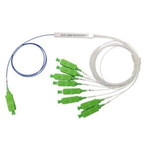 blockless plc splitter gpon 1x8, steel tube 60*7*4mm, blue input loose tube, white output loose tubes with connectors, blister box pack