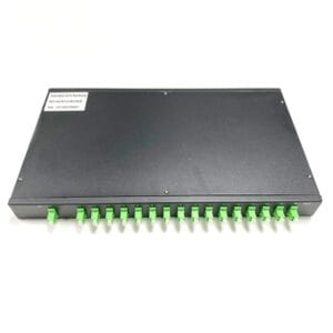 19inch 1u rack mount plc splitter 1x32 lc connectors, colored pigtails 2.0mm g657a1 fiber, top left sticker,lc/apc duplex adapters