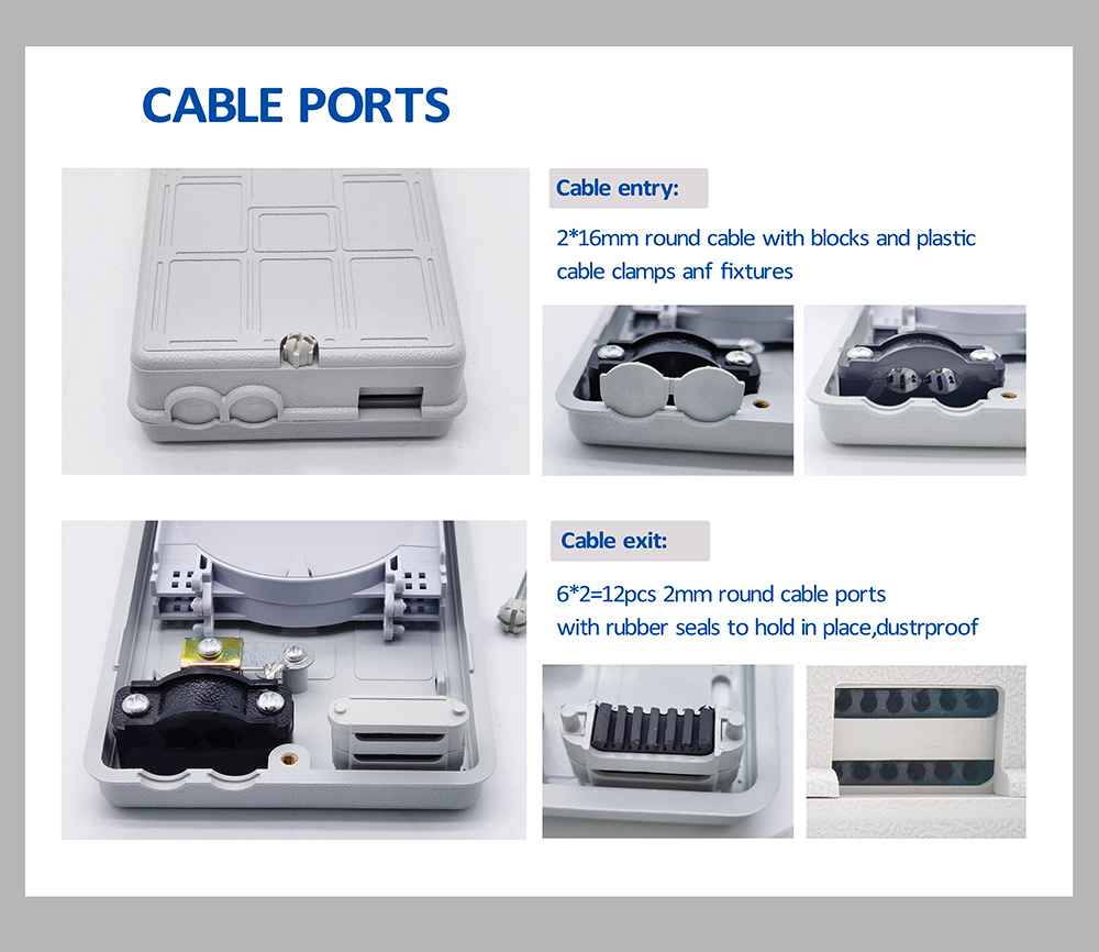 12 cores outdoor fiber optic termination box, 2 in cable diameter 16mm, 12 out pigtails 2.0mm with fixtures, gray