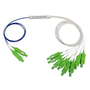 2x8 Plc Splitter Passive Fiber Optic Pigtails SC APC green connector, input blue patch cord, output white pigtails, 0.9mm 1 meter
