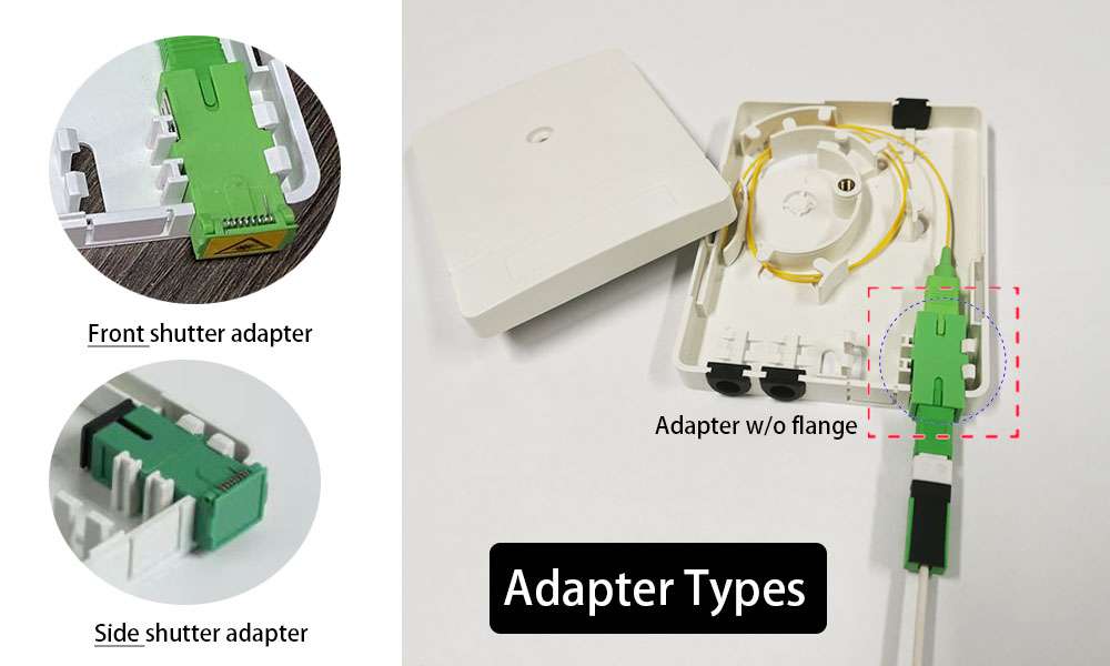 adapter types ftth optical wall outlet, 3 cable port with rubber seal, 2 sc adapters, 1 screw lock