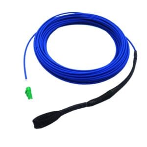 armored patch cord outdoor lc/apc lc/apc smf corning g657 a2 simplex lszh uv 3mm 20m, one side with woven net pulling eye , blue color, white printing