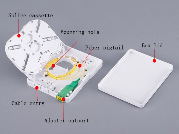 box detail ftth fiber optic termination box, 2 sc / lc duplex adapters, splice tray with sleeve holders, drop cable exits, white os1 9/125um