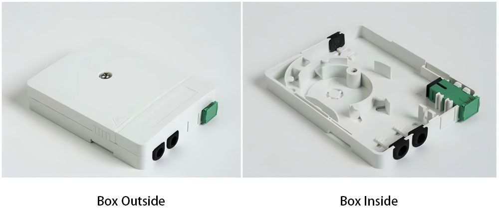 box overview ftth optical wall outlet, 3 cable port with rubber seal, 2 sc adapters, 1 screw lock