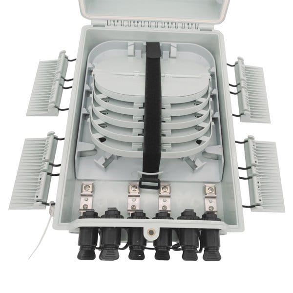 ftth fiber splitter box for 1:8 mini splitter module, 10.2db loss, individual pack, 48 cores single fiber splicing, with 9 hardened adapters,uncut cable port