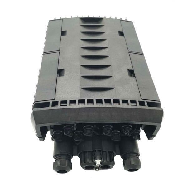 ip68 waterproof 1x8 splitter distribution box, outdoor use, 48 cores capacity, 16 sc adpater backet, 2 cable glands, 2 uncut port, and 8 reinforced adapters