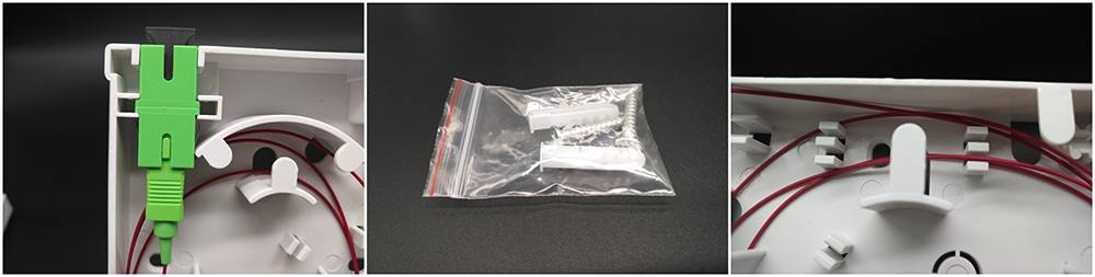details fiber optic wall outlet, slide open cover, no screws, 2mm 3mm or 2x3mm drop cable exit