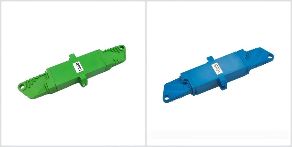 e2000/apc fiber optic attenuator single mode 5db, female to female, green r&m housing