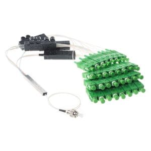 1x32 plc splitter, input white pigtails with fc/upc connectors 1.5 meter, output with sc/apc connectors and fan out kit 1.5 meter long