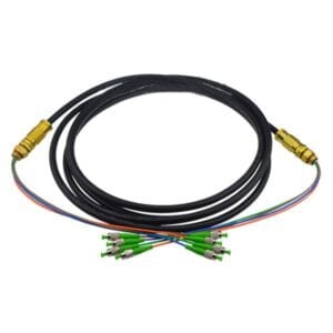 service drop wire 4 core fc apc patch cord blue, orange, green, brown inner sheath, 9.8mm pe black, with metal ip68 copper waterproof plug for outdoor use