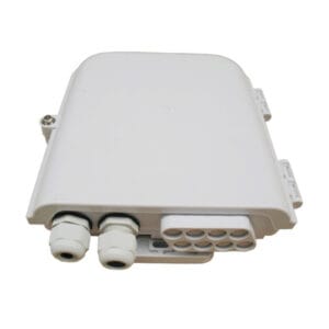 8 port plastic fiber splice box sc connectors, cable glands, white outdoor wall mounting, 1x8 splitter and splicing sleeve