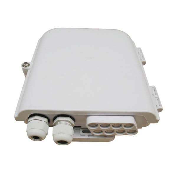 8 port plastic fiber splice box sc connectors, cable glands, white outdoor wall mounting, 1x8 splitter and splicing sleeve
