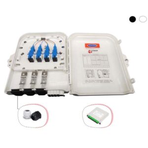 plastic fiber optic distribution box, pole / wall mount, 8 sc adapter plate or splitter cassette 1x8, cable glands or uncut cable ports, 8 round port 2x3mm drop cable