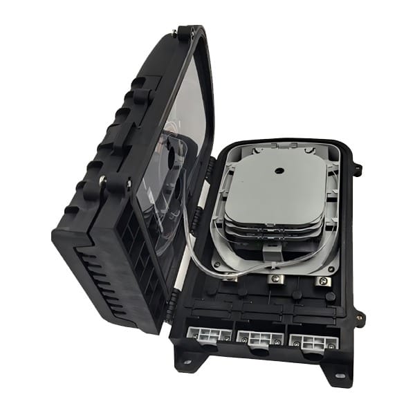 new 1x8 splitter ftth termination box outdoor pole / wall mount, black pp+gf material, ip65, 36 cores splicing,3 inlet 12mm, 8 outlet 2x3mm sc connectors