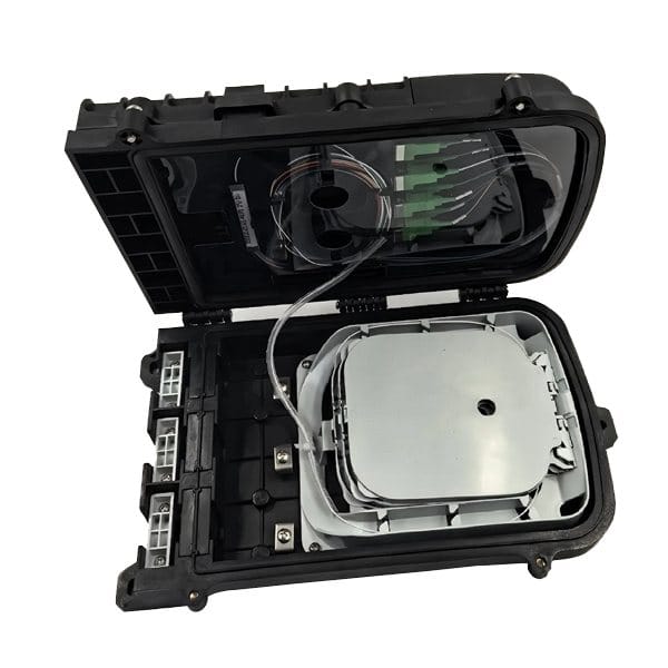 new 1x8 splitter ftth termination box outdoor pole / wall mount, black pp+gf material, ip65, 36 cores splicing,3 inlet 12mm, 8 outlet 2x3mm sc connectors