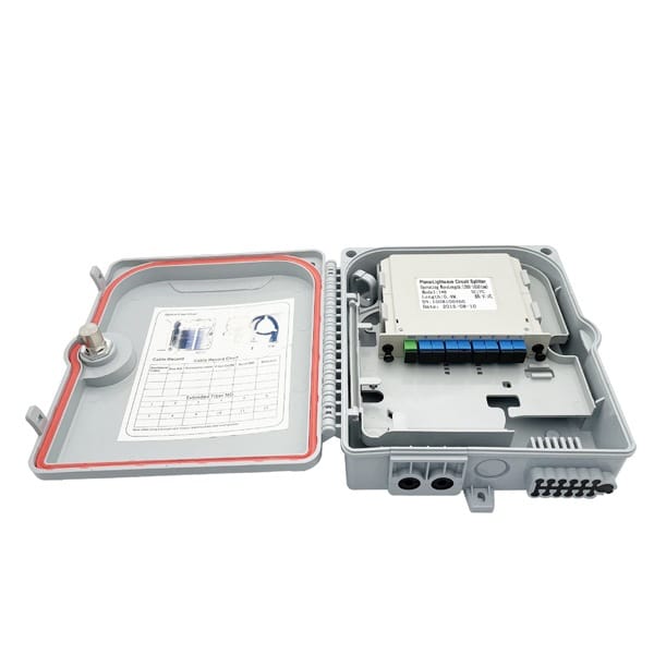 plastic optical fiber distribution box 12 ports sc apc pigtails / 1x8 splitter cassette, 2 in 12 out for fttx drop cable, with grounding wire
