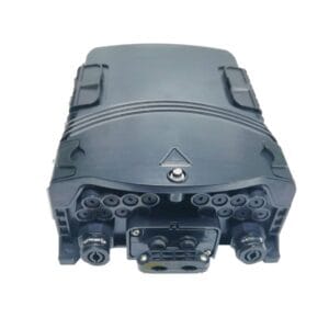 outdoor ip65 plastic fiber optic splitter box, with 1 branch cable port 16mm, 2 cable glands 8 14mm, and 16 round ports for ftth drop cable, 36 cores capacity