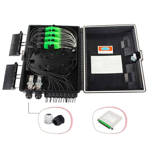 ftth outdoor nap box fiber, 1x16 plc splitter, sc apc connectors and pigtails, uncut cable port or cable glands, black white gray color custom.