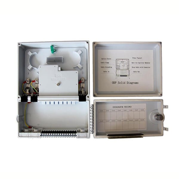 2 cover unique design fiber dp box, with 2 pcs 1x8 splitter modules, white color, outdoor pole mount