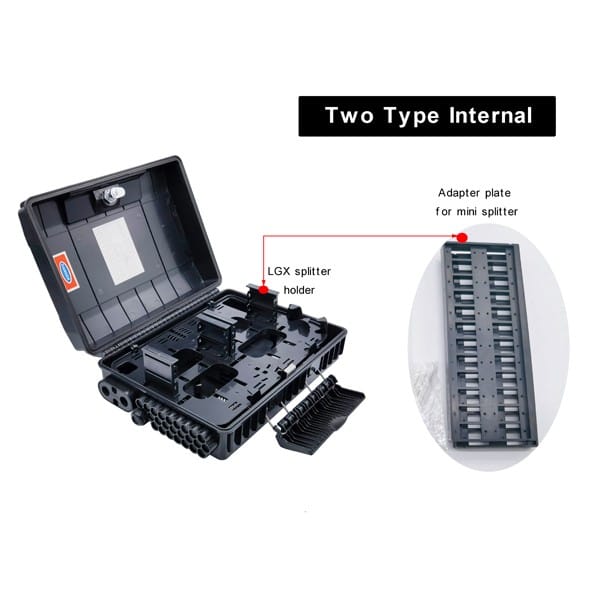 gpon fiber distribution box outdoor, 48 cores fusion splice,1 cable gland, 2 uncut ports, 24 round ports for ftth drop cables