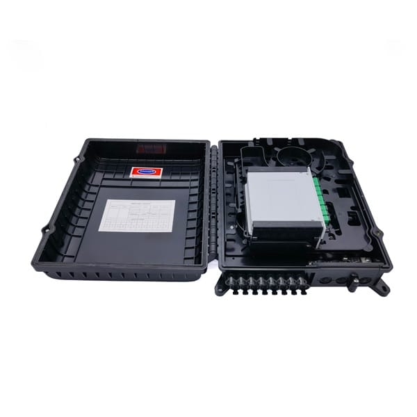 outdoor optical distribution box, individual pack, 16 sc adapters, 3pcs 12mm cable inlet, 16pcs 2x3mm flat drop cable outlets, black