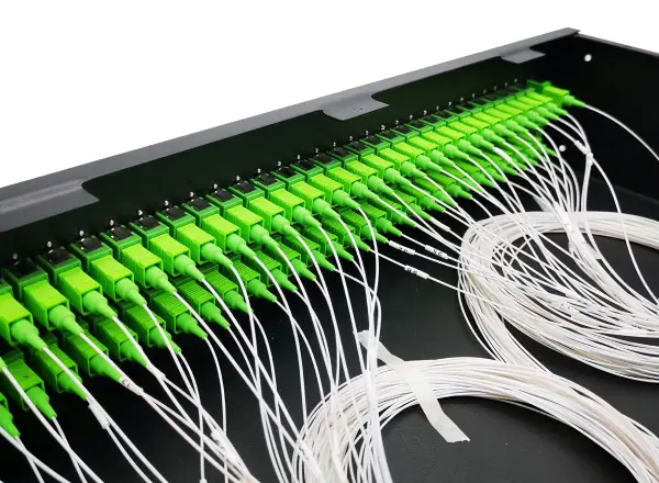 xgspon 1x64 plc splitter mini module in optical fiber patch panel, 2u 19inch odf,black metal materials, sc apc connectors