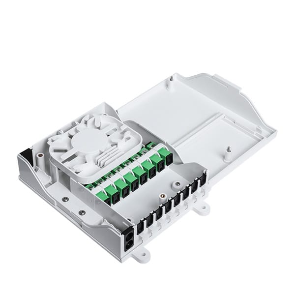 ip65 outdoor fiber termination box,10mm cable go straightly,8 drop cable port 2x5mm with rubber, 8 sc adapters, 1x8 mini splitter, splice tray, 2 cover.