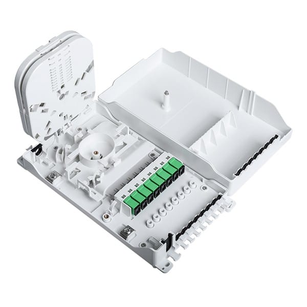 8 port fiber outdoor box with drop cable exit, 1x8 splitter tray, splice tray, winding area, cable go straightly without cutting