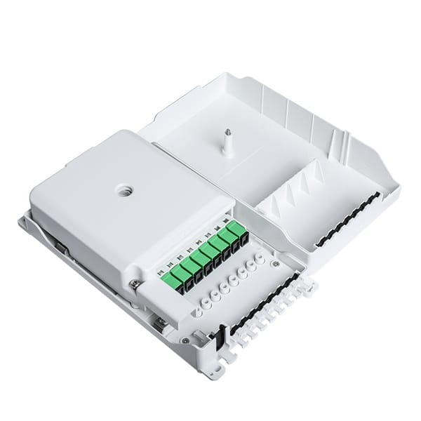 8 port fiber outdoor box with drop cable exit, 1x8 splitter tray, splice tray, winding area, cable go straightly without cutting