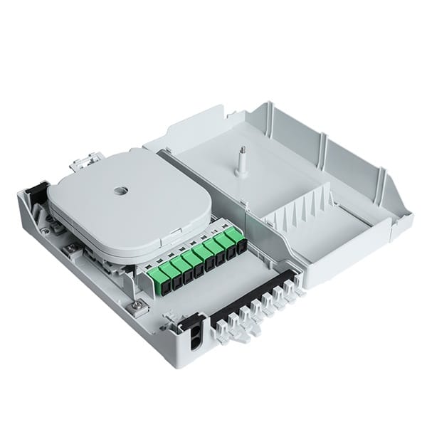 wall mounted indoor fiber box for ftth fttb network, 8 sc adapters and pigtails sm & mm, flat cable, 4 cable entrance diameter 10mm