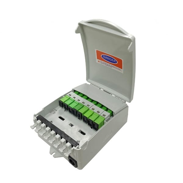 plastic fiber termination box wall mount indoor use, 8 sc connectors, 2 cable ports 100mm with rubber seal, 12 core splicing cassette