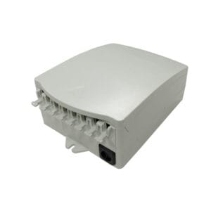 plastic fiber termination box wall mount indoor use, 8 sc connectors, 2 cable ports 100mm with rubber seal, 12 core splicing cassette
