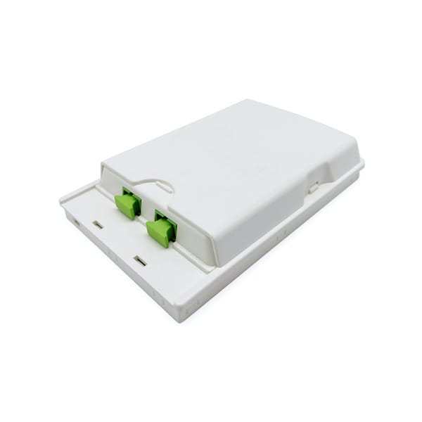 2 port plastic optical fiber outlet box with sc adapters and pigtails, white, wall mounted