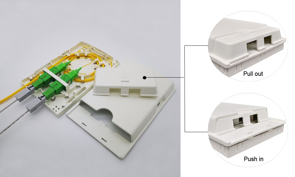 ftb102h detail 02 2 port plastic optical fiber outlet box with sc adapters and pigtails, white, wall mounted