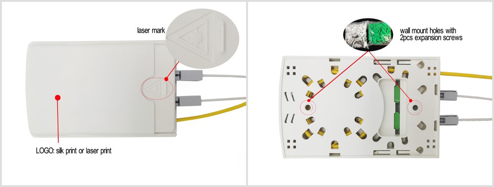 ftb102h detail 04 2 port plastic optical fiber outlet box with sc adapters and pigtails, white, wall mounted