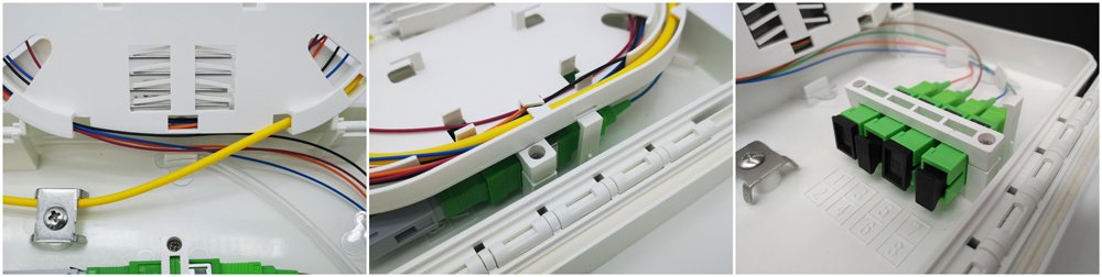 indoor outdoor fibre termination unit, high impact plastic, wateproof with splice tray for fiber splitters, fast connnector and drop cable installation