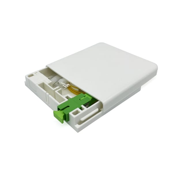 compact size fiber outlet, slide open, no screws, max. 2 sc pigtials and connectors