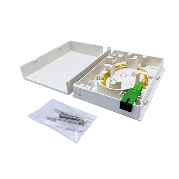 ftb86d 4 fiber optic wall outlet, slide open cover, no screws, 2mm 3mm or 2x3mm drop cable exit