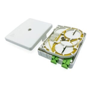 fibra optica roseta, screw lock, both sides press down open, front operation, sc connectors and drop cable exit