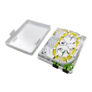 fiber optic wall plate outlet, separate lid and bottom, splice tray, 2 sleeves, 2 sc connector, pigtails