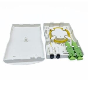 long ftth termination box, 2 sc, 2 cable ports 3mm diameter, top cover locking with screw, white abs
