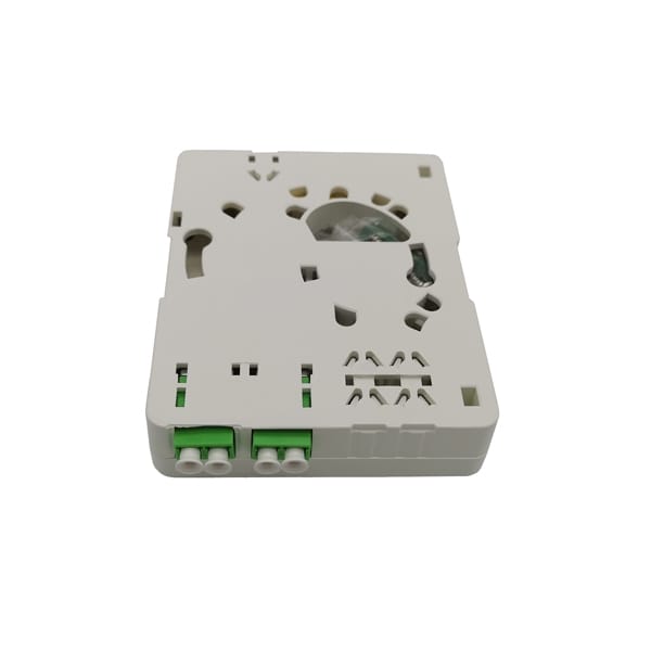 ftb86x 1 ftth fiber optic termination box, 2 sc / lc duplex adapters, splice tray with sleeve holders, drop cable exits, white os1 9/125um