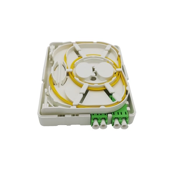 ftb86x 2 ftth fiber optic termination box, 2 sc / lc duplex adapters, splice tray with sleeve holders, drop cable exits, white os1 9/125um